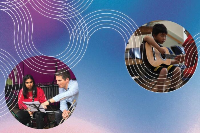 Two photos in circle bubbles with children playing music with a blue and purple swirl background