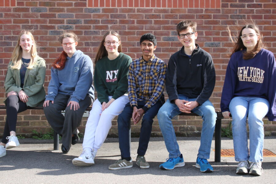 Six Young People Sit On A Bench In Front Of A Brick Wall